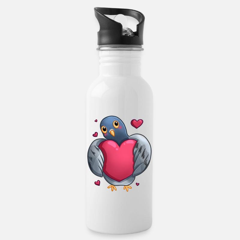 Pigeon avec cœur - Idée cadeau - Gourde avec paille intégrée - blanc