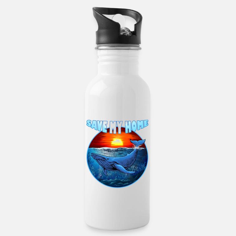 Save my Home - Blauwal - Wal - Meer - Ozean - Trinkflasche mit integriertem Trinkhalm - Weiß