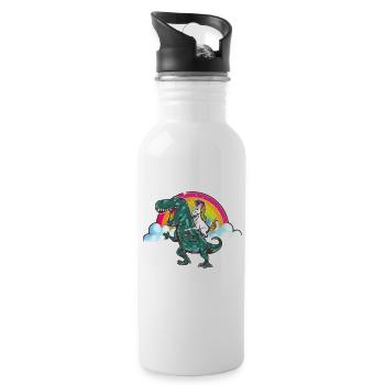 Einhorn reitet Dinosaurier Dino T-Rex Einhörner - Trinkflasche mit integriertem Trinkhalm - Weiß - Rechts