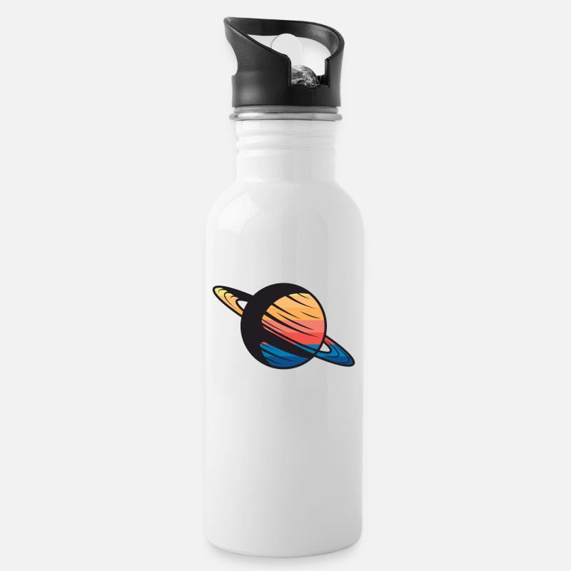 Planet Saturn Weltraum - Trinkflasche mit integriertem Trinkhalm - Weiß