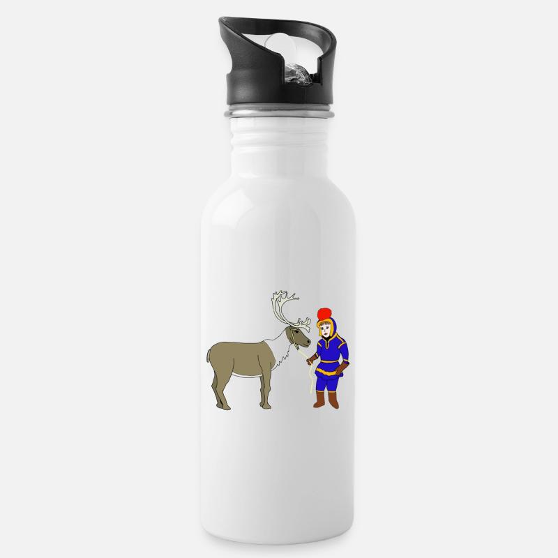 Sami Kind mit Rentier - Trinkflasche mit integriertem Trinkhalm - Weiß