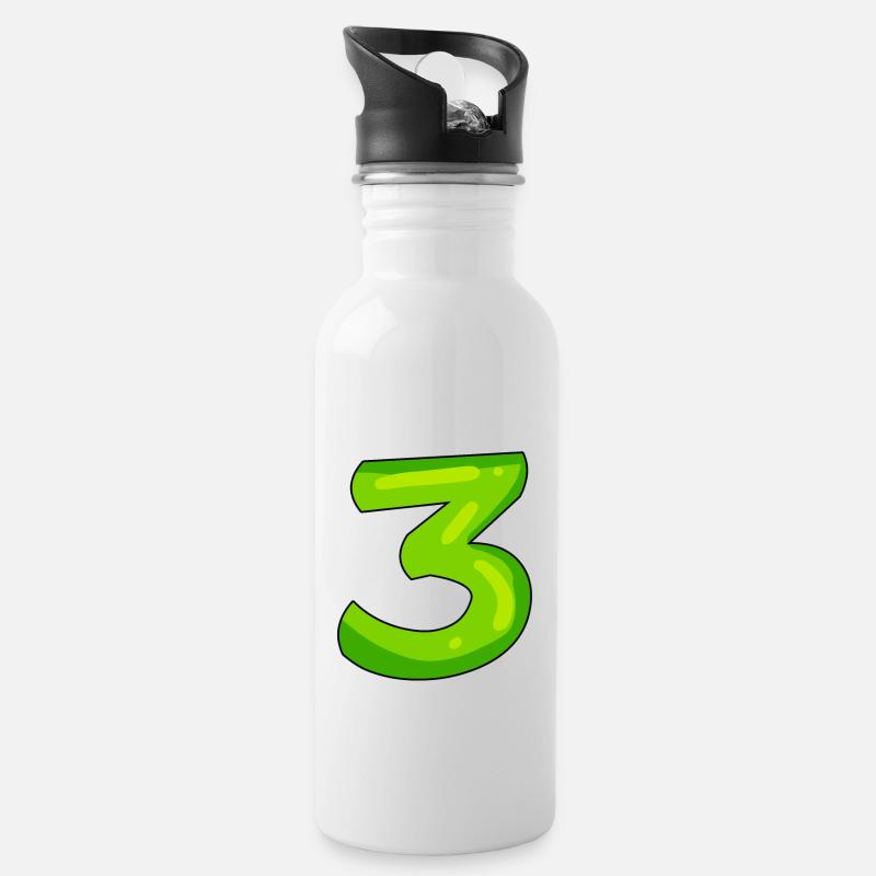 Ziffer 3 Grün - Trinkflasche mit integriertem Trinkhalm - Weiß