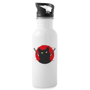 Black Samurai Cat with Swords Pair - Water bottle with straw - white - Right