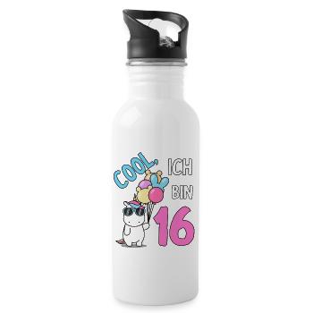 16. Geburtstag 16 Jahre Geschenk Einhorn - Trinkflasche mit integriertem Trinkhalm - Weiß - Rechts
