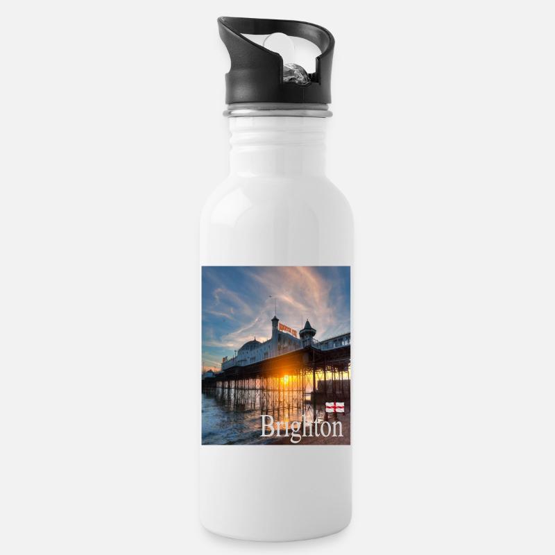 Brighton, England - Trinkflasche mit integriertem Trinkhalm - Weiß