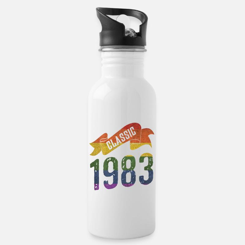 Klassische 1983 Regenbogenfarben - Trinkflasche mit integriertem Trinkhalm - Weiß