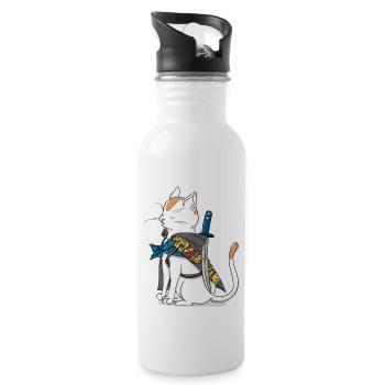 Samurai cat with katana sword in Japan style - Water bottle with straw - white - Right