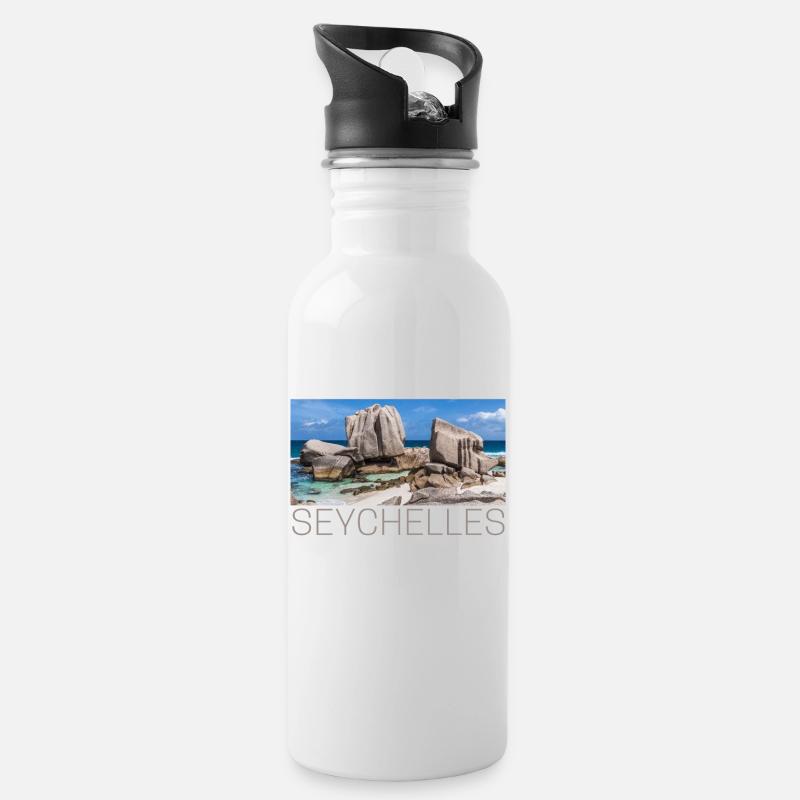 Seychellen Strand auf La Digue - Trinkflasche mit integriertem Trinkhalm - Weiß
