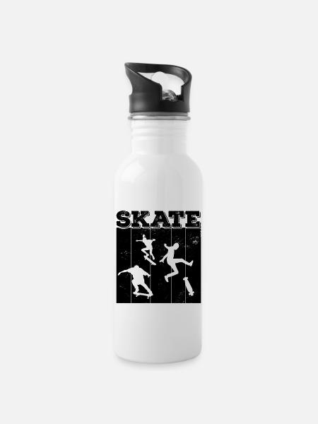 Skate, skaten, Skater, Skateboard - Trinkflasche mit integriertem Trinkhalm - Weiß