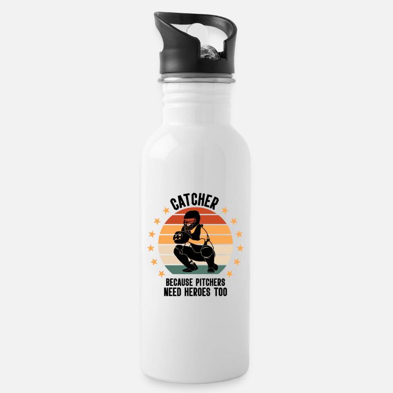 Catcher Weil auch Pitcher Helden Brauchen Baseball - Trinkflasche mit integriertem Trinkhalm - Weiß