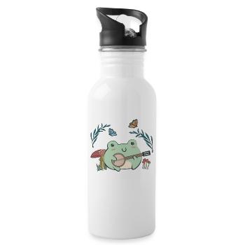 Cottagecore Aesthetic Kawaii Frog Plays Banjo - Water bottle with straw - white - Right