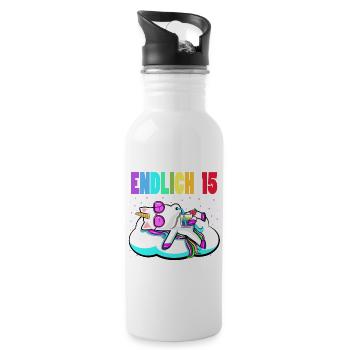 15. Geburtstag Mädchen Geschenk lustig Einhorn - Trinkflasche mit integriertem Trinkhalm - Weiß - Rechts