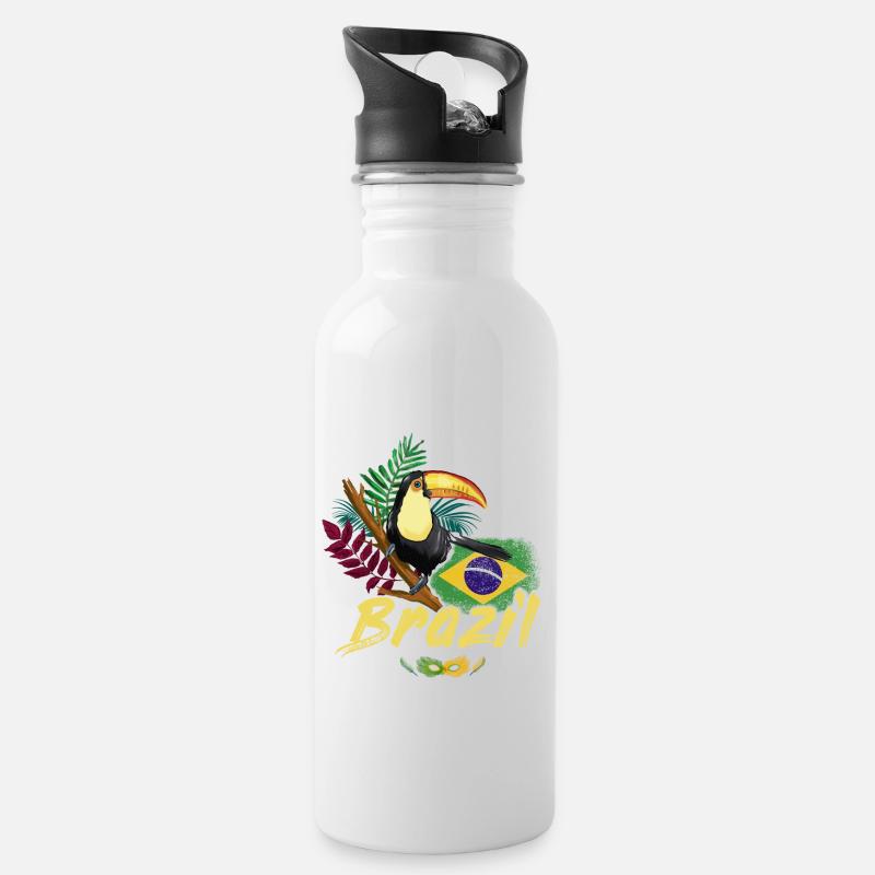 Toucan vintage du Brésil avec drapeau et masque de samba - Gourde avec paille intégrée - blanc