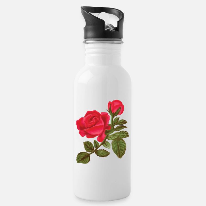 Rosen Aquarell handgemalt - Trinkflasche mit integriertem Trinkhalm - Weiß