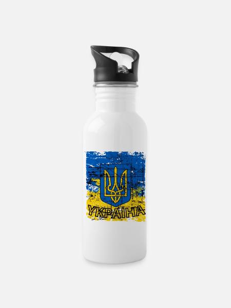 Ukraine T-Shirt mit Wappen und Flagge Retro - Trinkflasche mit integriertem Trinkhalm - Weiß