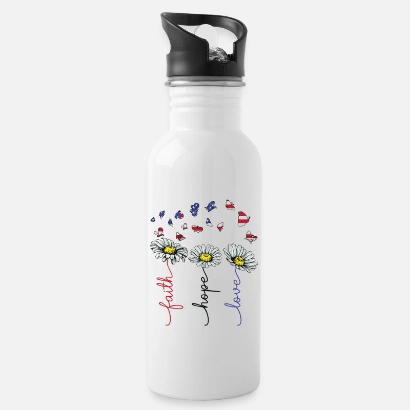 Faith Hope Love Daisy Fleurs USA Drapeau Papillons - Gourde avec paille intégrée - blanc
