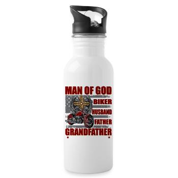 Man Of God Shirt Biker Husband Father Grandfather - Water bottle with straw - white - Right
