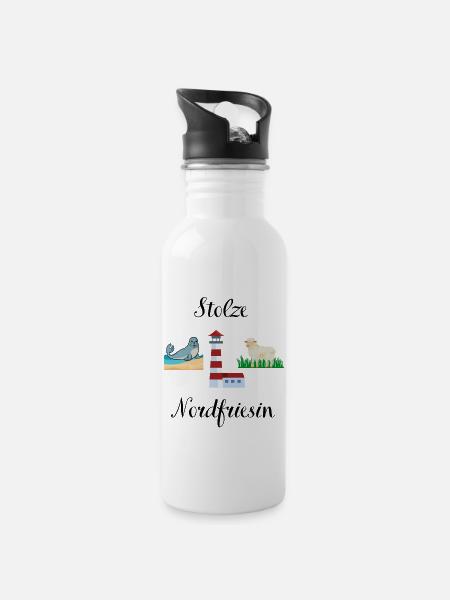 Stolze Nordfriesin - Trinkflasche mit integriertem Trinkhalm - Weiß