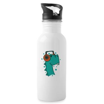 Dino hört Musik mit Kopfhörer Dinosaurier - Trinkflasche mit integriertem Trinkhalm - Weiß - Rechts