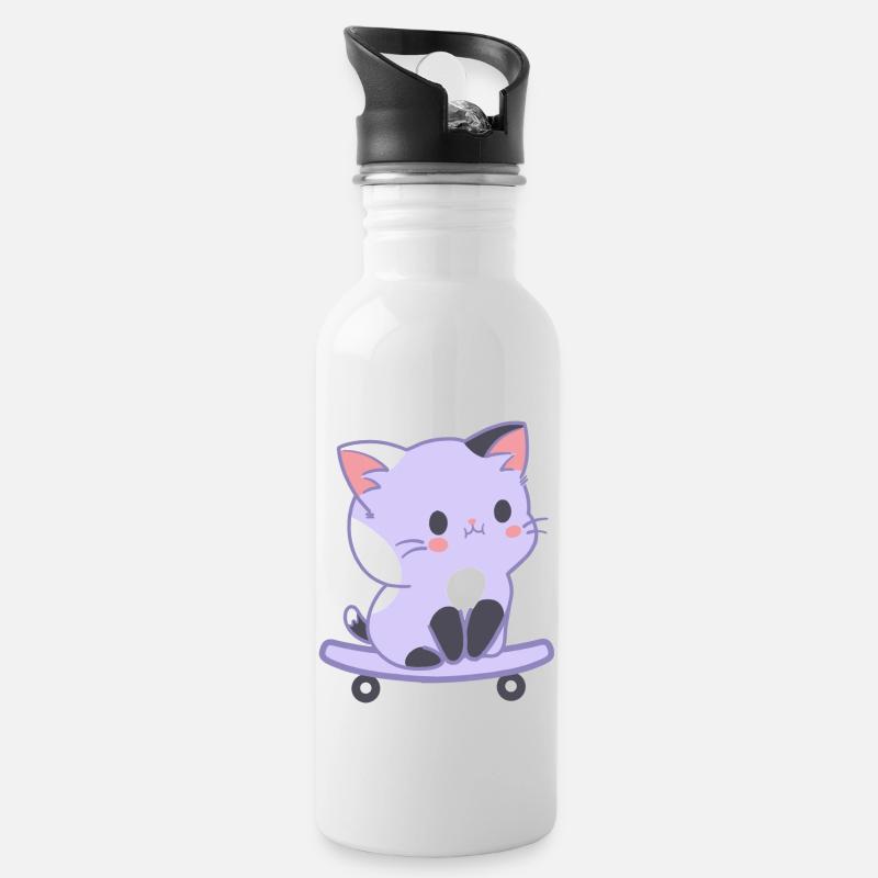 skater Cat - Trinkflasche mit integriertem Trinkhalm - Weiß