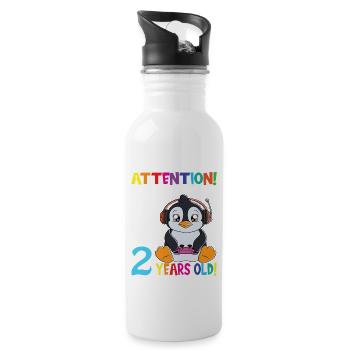 Gaming Penguin Attention I Am Now 2 Years Old - Water bottle with straw - white - Right