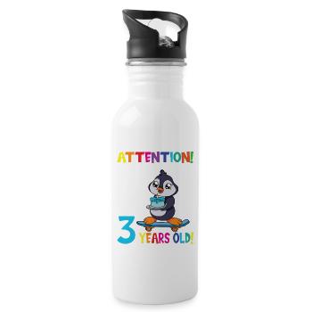 Penguin Attention I Am Now 3 Years Old - Water bottle with straw - white - Right