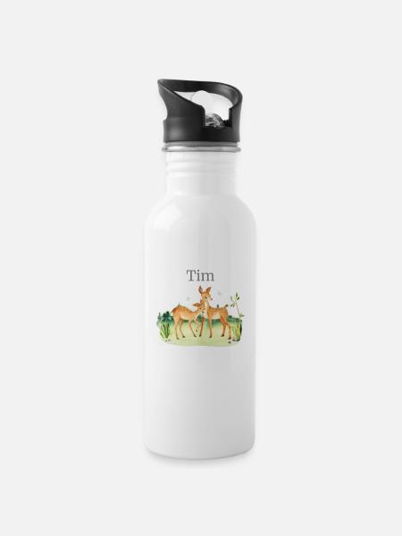 Waldtier Reh Blumen Name Tim - Trinkflasche mit integriertem Trinkhalm - Weiß