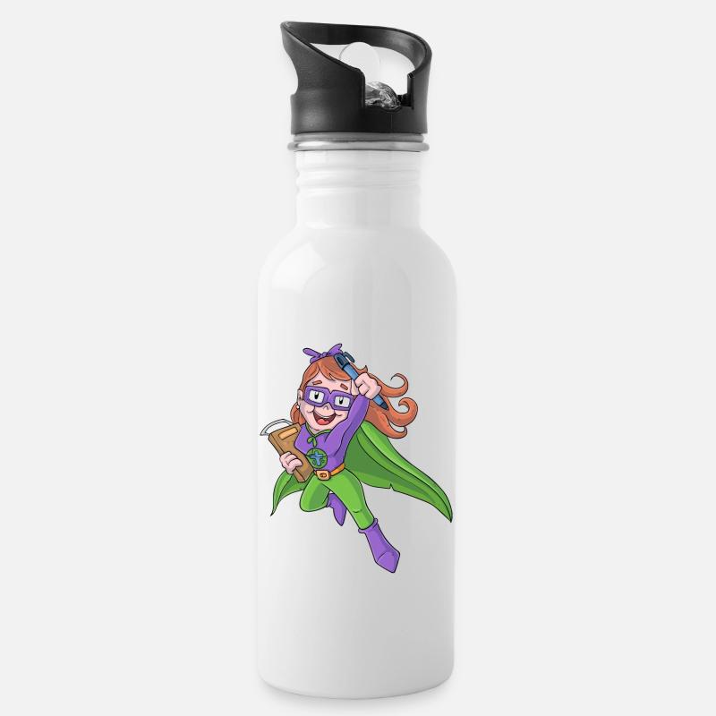 Lehrerin Superheldin - Trinkflasche mit integriertem Trinkhalm - Weiß