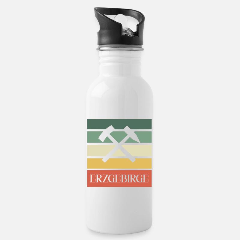 Erzgebirge Bergbau - Trinkflasche mit integriertem Trinkhalm - Weiß