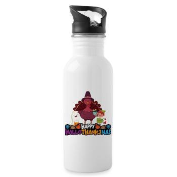Happy Hello Thanksmas Halloween Thanksgiving Xmas - Water bottle with straw - white - Right