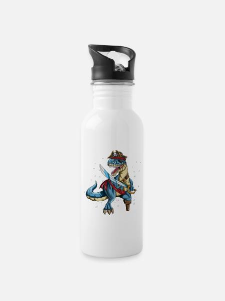 Pirat Dino T-Rex Piraten Outfit Augenklappe Säbel - Trinkflasche mit integriertem Trinkhalm - Weiß