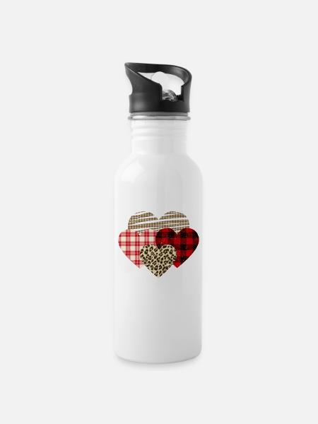 Herzen Leopard Plaid Büffel Herz Liebe Valentin - Trinkflasche mit integriertem Trinkhalm - Weiß