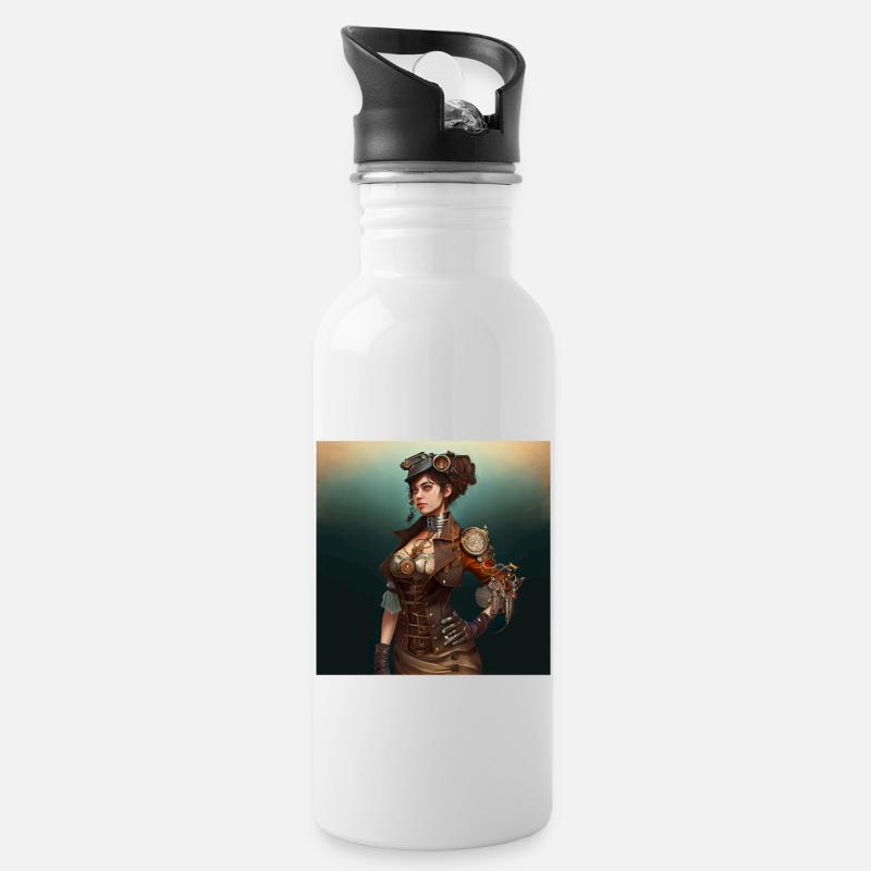 Steampunk Sci-Fi character - Trinkflasche mit integriertem Trinkhalm - Weiß
