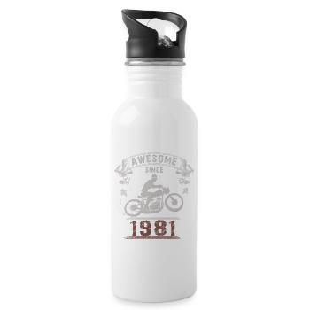 Awesome since 1981, Biker 42. Geburtstag - Trinkflasche mit integriertem Trinkhalm - Weiß - Rechts