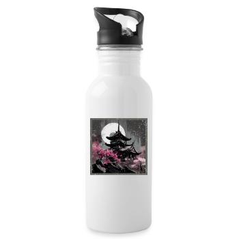 Vintage Japanese Sakura Cherry Blossom Temple - Water bottle with straw - white - Right