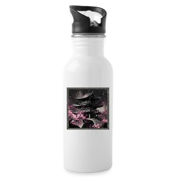 Vintage Japanese Sakura Cherry Blossom Temple - Water bottle with straw - white - Right