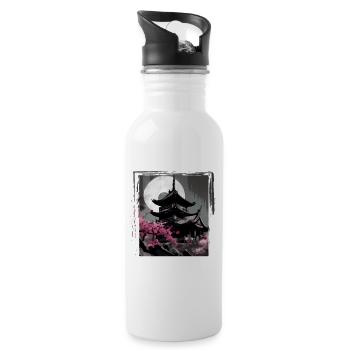 Vintage Japanese Sakura Cherry Blossom Temple - Water bottle with straw - white - Right