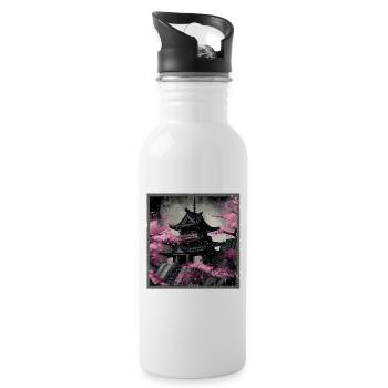 Vintage Japanese Sakura Cherry Blossom Temple - Water bottle with straw - white - Right
