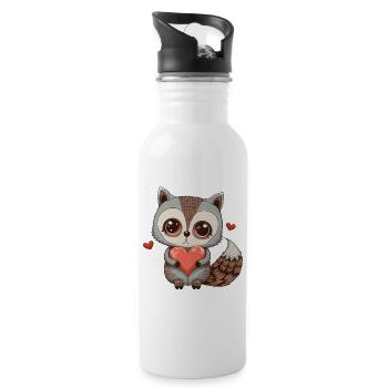 Cute raccoon embraces a heart drawing love - Water bottle with straw - white - Right