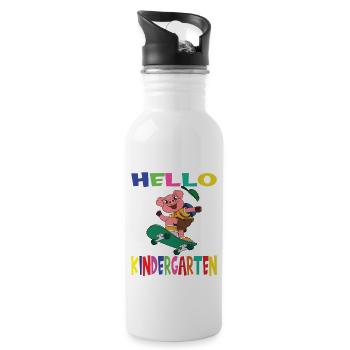 Hello Kindergarten Skateboarding Pig - Water bottle with straw - white - Right