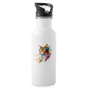 Hauskatze Aquarell Kurzhaar Cooles Art-Motiv - Trinkflasche mit integriertem Trinkhalm - Weiß - Rechts