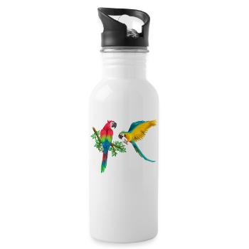 Macaw's parrot playing love and friendship on the branch - Water bottle with straw - white - Right