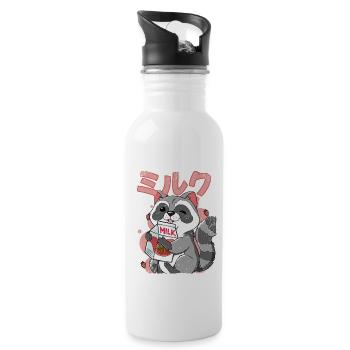 Kawaii Raccoon Strawberry Milk - Water bottle with straw - white - Right