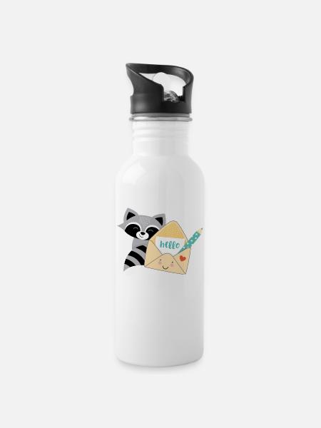 Waschbär-Post - Trinkflasche mit integriertem Trinkhalm - Weiß