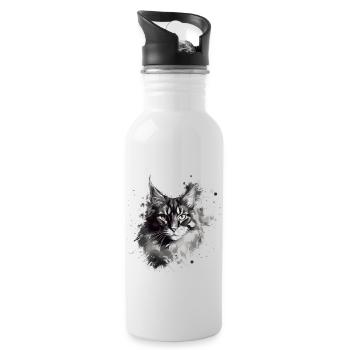 Maine Coon Cat in Black and White Abstract Art - Water bottle with straw - white - Right