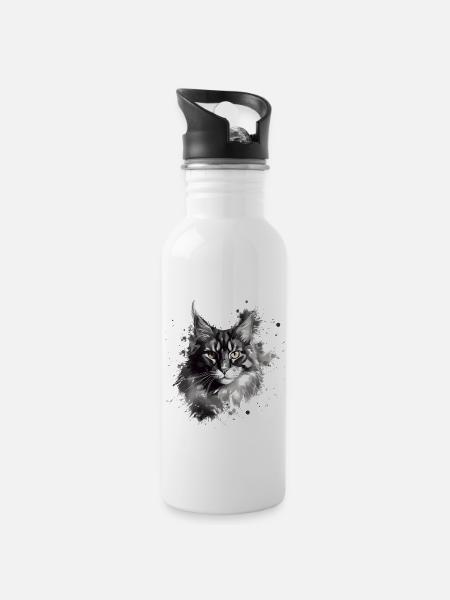 Maine Coon Katze in Schwarz-Weiß Abstrakte Kunst - Trinkflasche mit integriertem Trinkhalm - Weiß