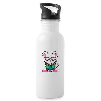 Leseratte Maus im Buch - Trinkflasche mit integriertem Trinkhalm - Weiß - Rechts