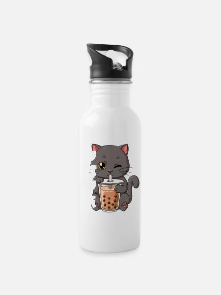 Boba Tea Katze Bubble Tea - Trinkflasche mit integriertem Trinkhalm - Weiß