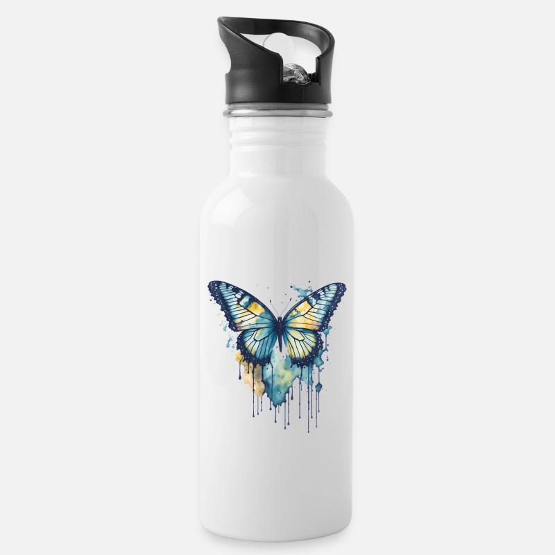 Aquarelle Papillon - Gourde avec paille intégrée - blanc