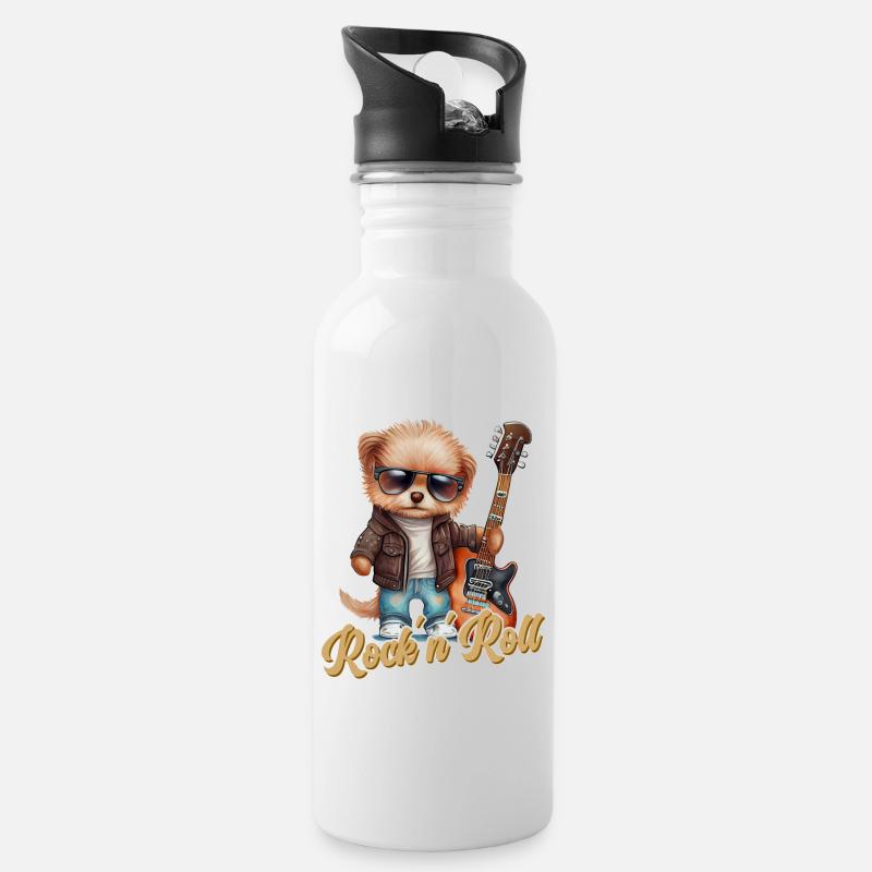 Lustiger Hund mit E-Gitarre Rock 'n' Roll - Trinkflasche mit integriertem Trinkhalm - Weiß